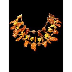 Vtg Chunky Bib Style Brown & Yellow Shells Beaded Statement Piece Necklace